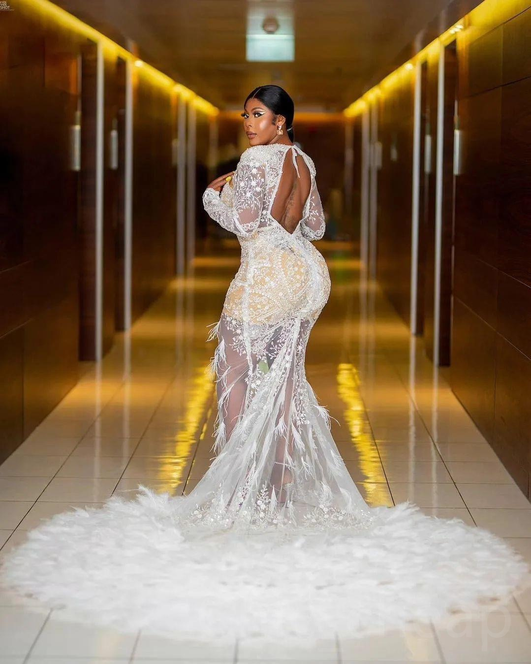 2023 AMVCA Aso Ebi Wit Mermaid Prom jurk Lant Beed Feather Evening Formeel feest tweede receptie verjaardag verlovingsjurken jurk Robe de Soiree ZJ290