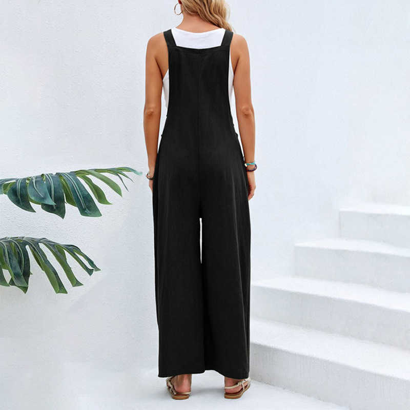 Kvinnors jumpsuits Rompers Vintage Cotton Linen Jumpsuit Women 2023 Casual Solid Button Wide Leg Suspender Pants With Pockets Summer Loose Overalls Rompers P230522