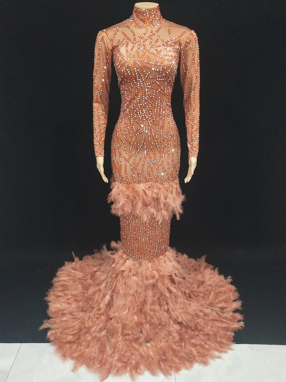 Orange Feather Rhinestones Targing Sukienki na wybiegu Kobiety Modna impreza