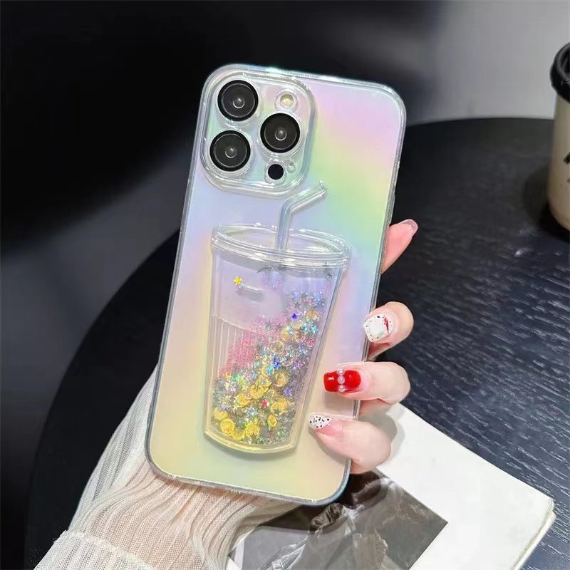 Custodia tazza di tè al latte arcobaleno sfumato iPhone 15 14 13 12 11 Pro Max Bling Diamond Lemon Liquid Quicksand Glitter Cover trasparente