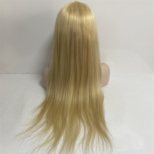 Brazilian Virgin Human Hair Blonde Color 613# Mixed 22# Silky Straight 24 inches Long Hair Full Lace With PU Perimeter Wig for White Woman