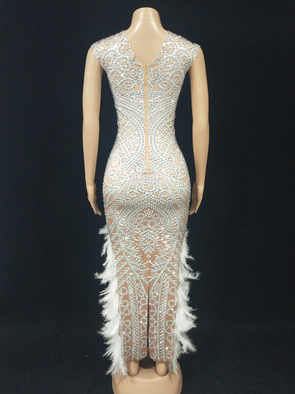 Sexy Sleeveless Silver Rhinestones Feather Bodycon Long Dress Women Birthday Celebration Singer Star Street Style Dresses Prom Party Dresses Nightclub Costume