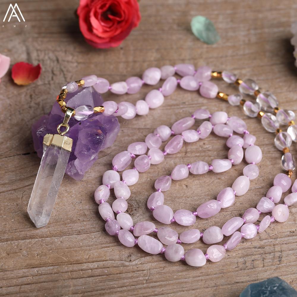 Colliers Naturel Blanc Quartz Freeform Point Pendentif Kunzite Cristal Irrégulière Puce Perles Cordon Noué Mala Collier Fait Main Bijoux