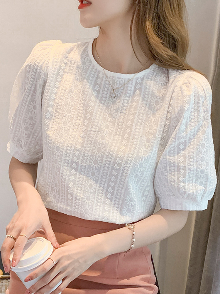 Women's o-neck white color puff short sleeve blouses embroidery flower summer chiffon shirt SMLXLXXL