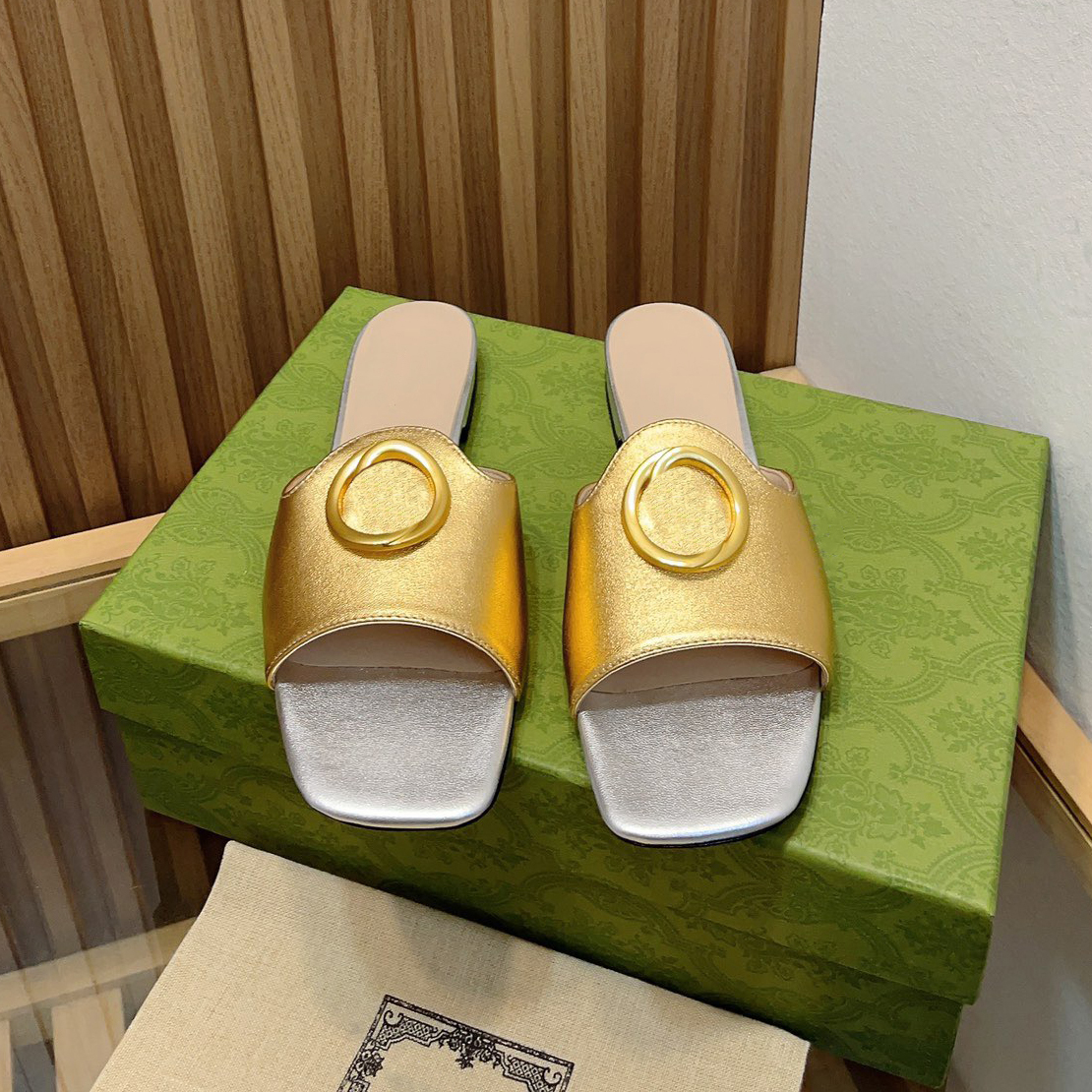 G Blondie Slides tofflor Sandaler Mule Flat klackar Square Open-Toe Flat Women Luxury Designers Lamb äkta läder Yttersula Cold Casual Shoes Factory Factwear