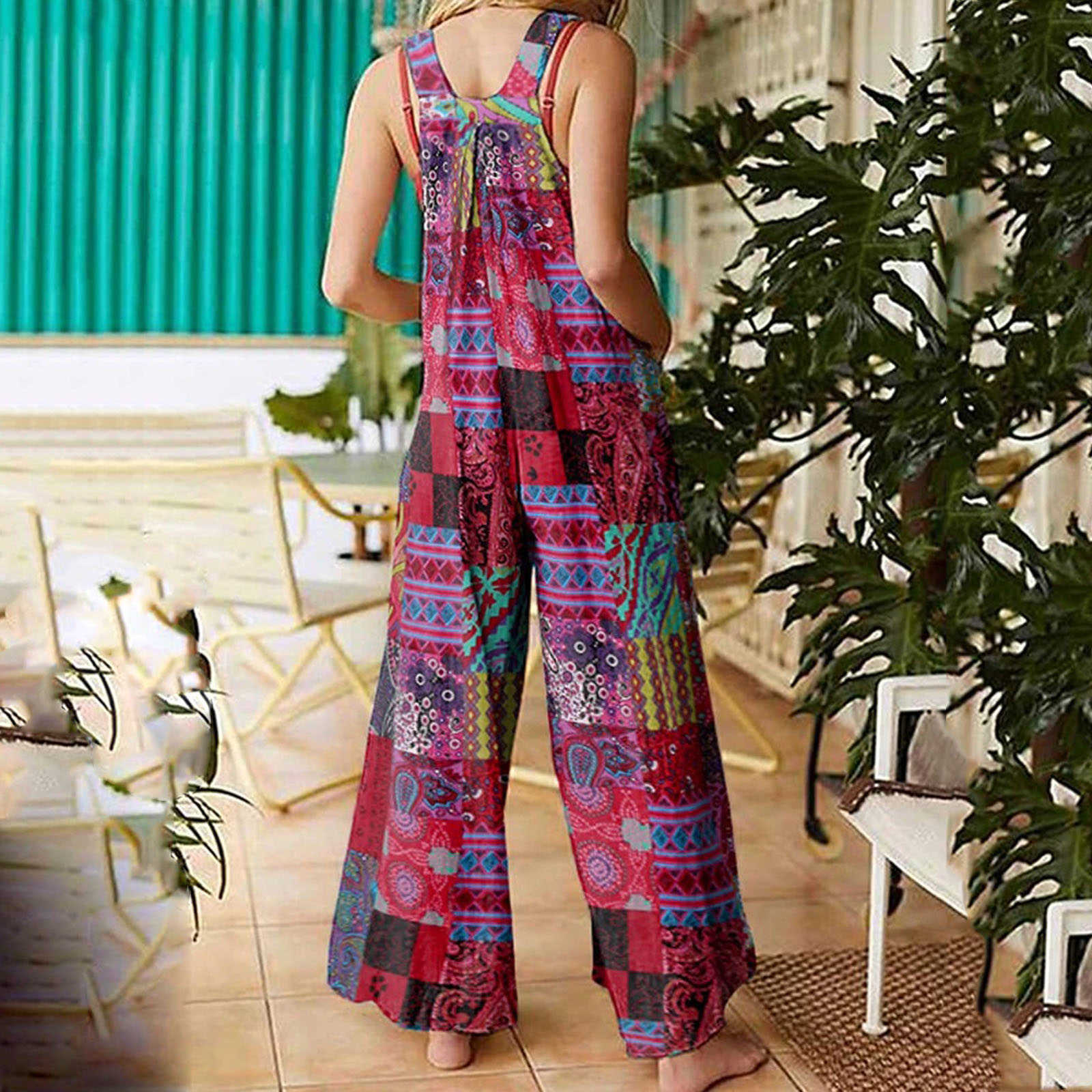 Jumpsuits Rompers Women's Ethnic Style Summer Jacket Multi Color Square Halsring ärmlös Casual Jumpsuit med fickor som är lämpliga för flickor att bära P230522 bra