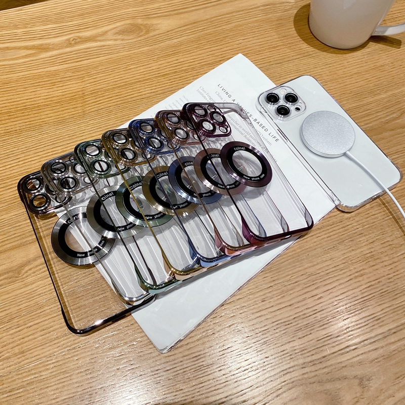 iPhone 15のクロム磁気ワイヤレス充電ケース14 Pro Max Plus 13 12 11ハードプラスチックPCマグネットカラーカメラレンプロテクタークリアショックプルーフ電話カバー