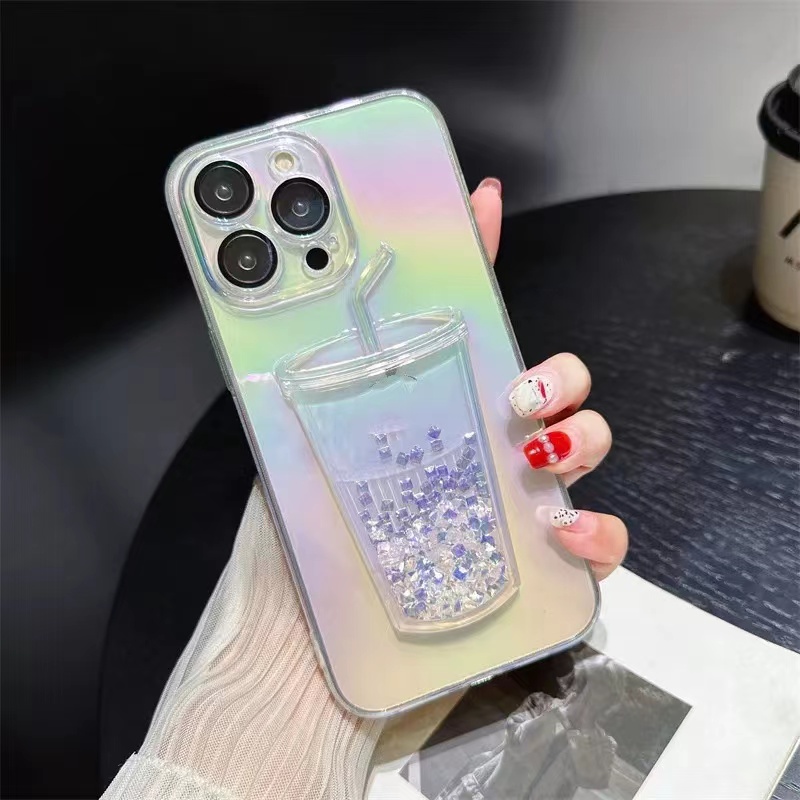 Gradient Rainbow Milk Tea Cup Fall för iPhone 15 14 13 12 11 Pro Max Bling Diamond Lemon Liquid Quicksand Glitter Transparent Cover