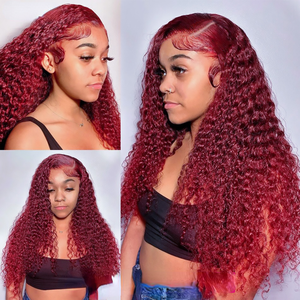 180density Full Garnet Red Curly Lace Front Human Hair Wigs 99J Burgundy Lace Front Wig 40 Inch Deep Wave Frontal Wig Synthetic