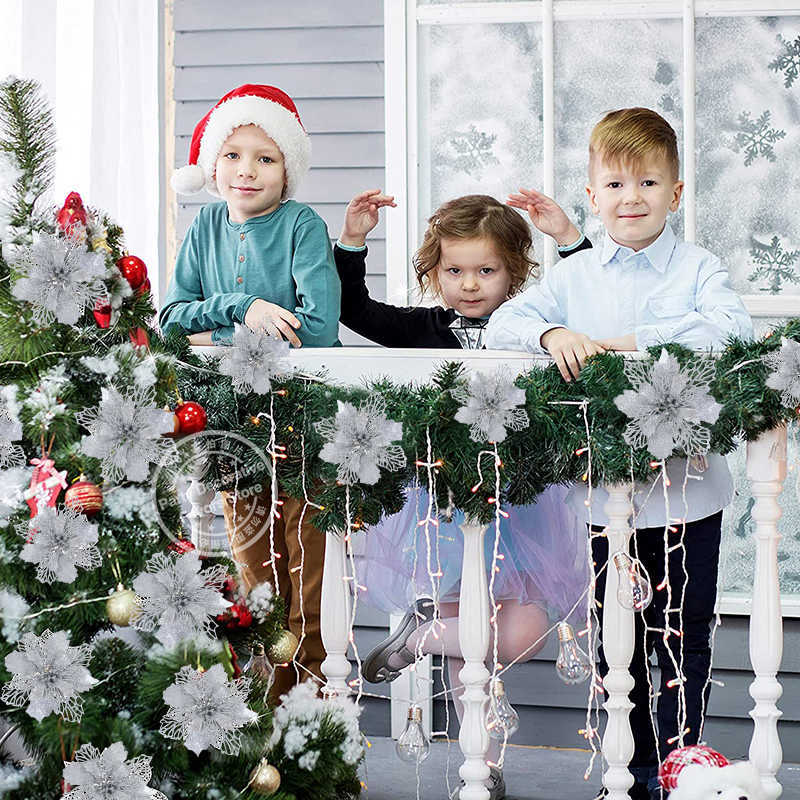 Weihnachtsdekorationen, 5 Stück, 9–16 cm, Glitzer, künstliche Weihnachtsblumen, Weihnachtsbaumschmuck für Zuhause, künstliche Blumen, Weihnachtsschmuck, Neujahrsdekoration