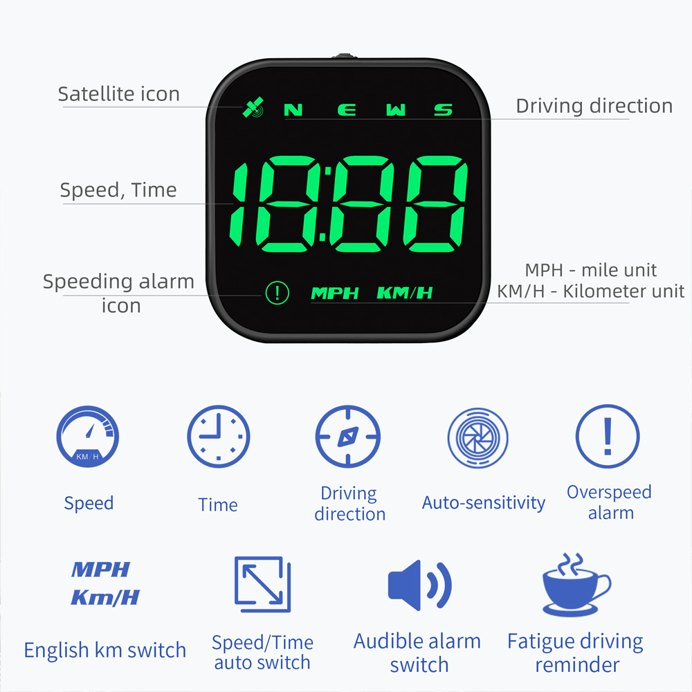 Överhastighetslarm LED HUD CAR HEAD UP DISPLAY G4S Speedometer Trötthet Driving påminnelse med GPS Compass USB Powered 2,5 tum