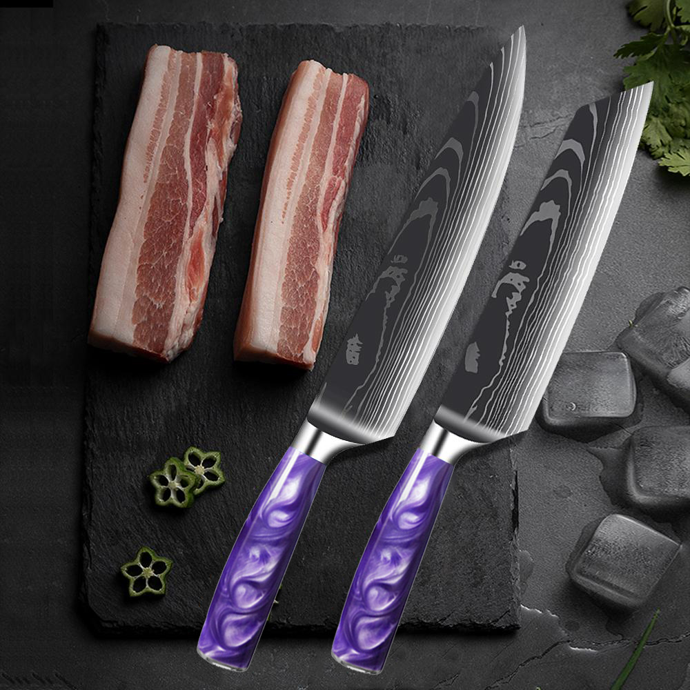 Kock Knife Set 1-New Purple Harts Handle Rostfritt stål Damaskus Mönster Kök Non-stick Santoku Cleaver Boning Knivse