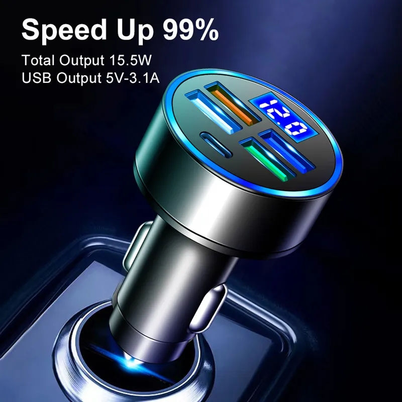 5Ports Type C Car Charger Fast Charging PD USB C Car Phone Charger Adapter Digital Display For iPhone 14 13 Samsung LG Quick Chargers