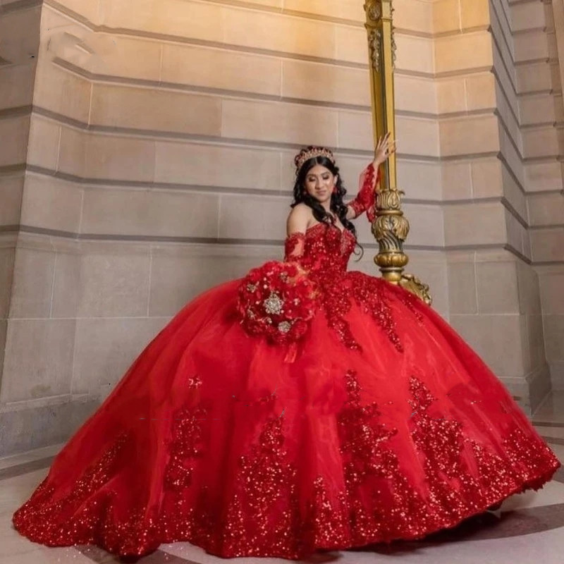 Elegant Red Quinceanera Dresses With Detachable Sleeves Sequin Organza Sweetheart Sweet 16 Vestidos Para Quinceanera 2023
