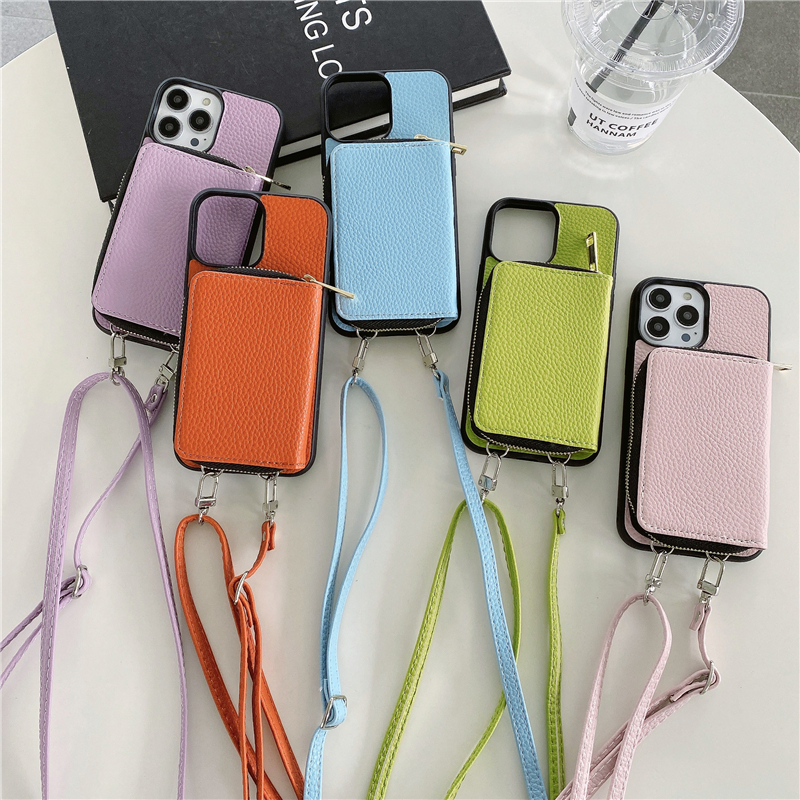 고급 목걸이 Lychee 패턴 Folio Zipper Vogue Phone Case for iPhone 14 13 Mini 12 11 Pro Max XR XS 7 8 Plus 다중 카드 슬롯 가죽 지갑 체인 뒤 덮개