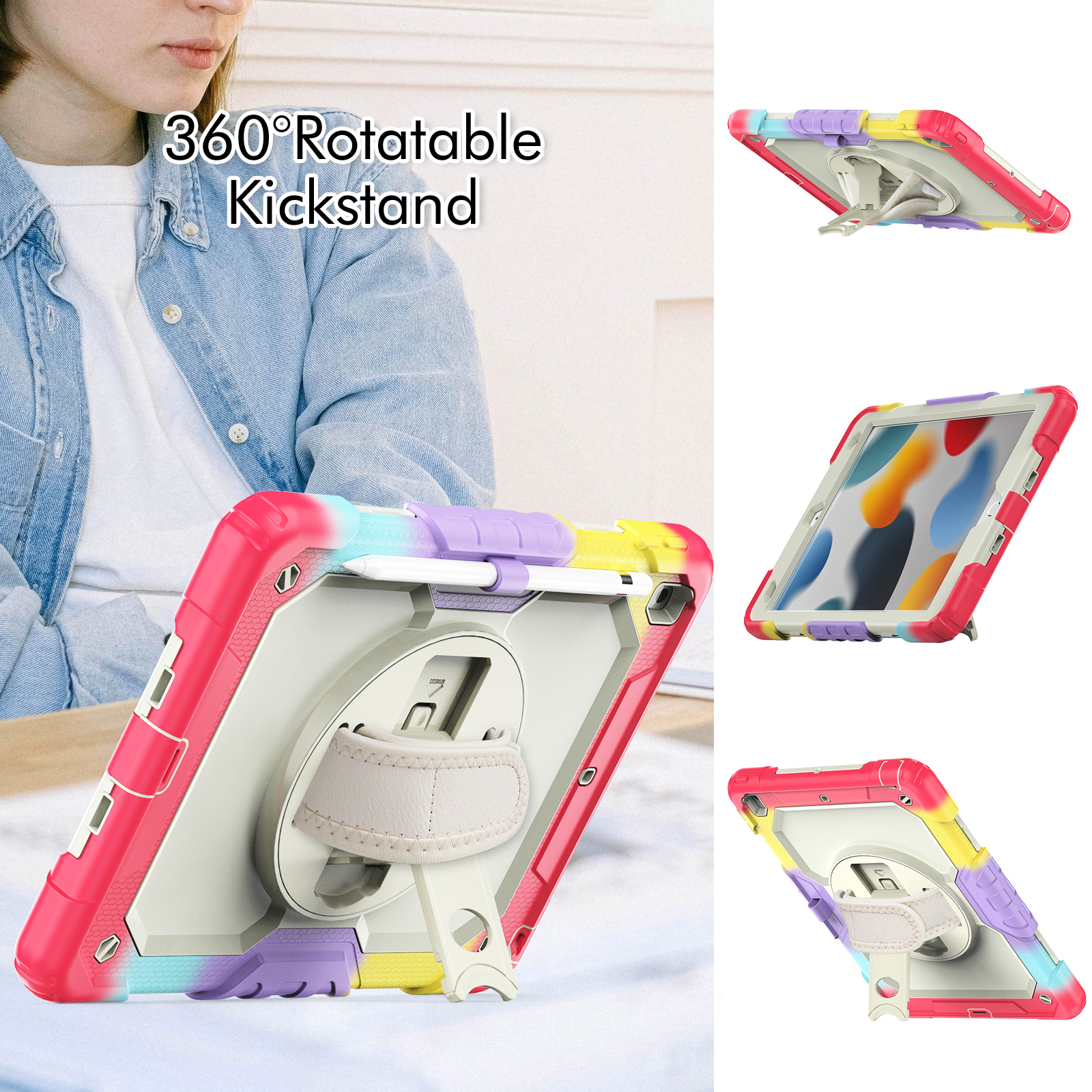 360 Rotating with Shoulder Strap Kickstand Cover Silicone Smart Case for iPad 10.2 9.7 11 Air 2 4 5 10.9 10th Mini 4 5 6