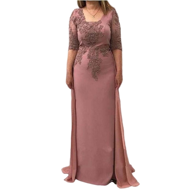 Soluk Pembe Anne Gelin Damat Elbisesi Overkirt Chiffon Kare Boyun Yarım Kollu Balo Partisi Fatura Elbise