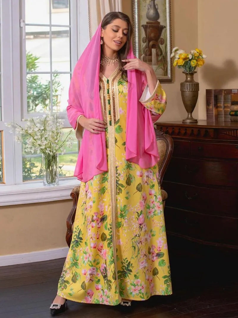カジュアルドレスeid女性イスラム教徒のアバヤvネックスプリットスリーブプリントフラワーパーティーアバヤモロカンカフタンドレス服