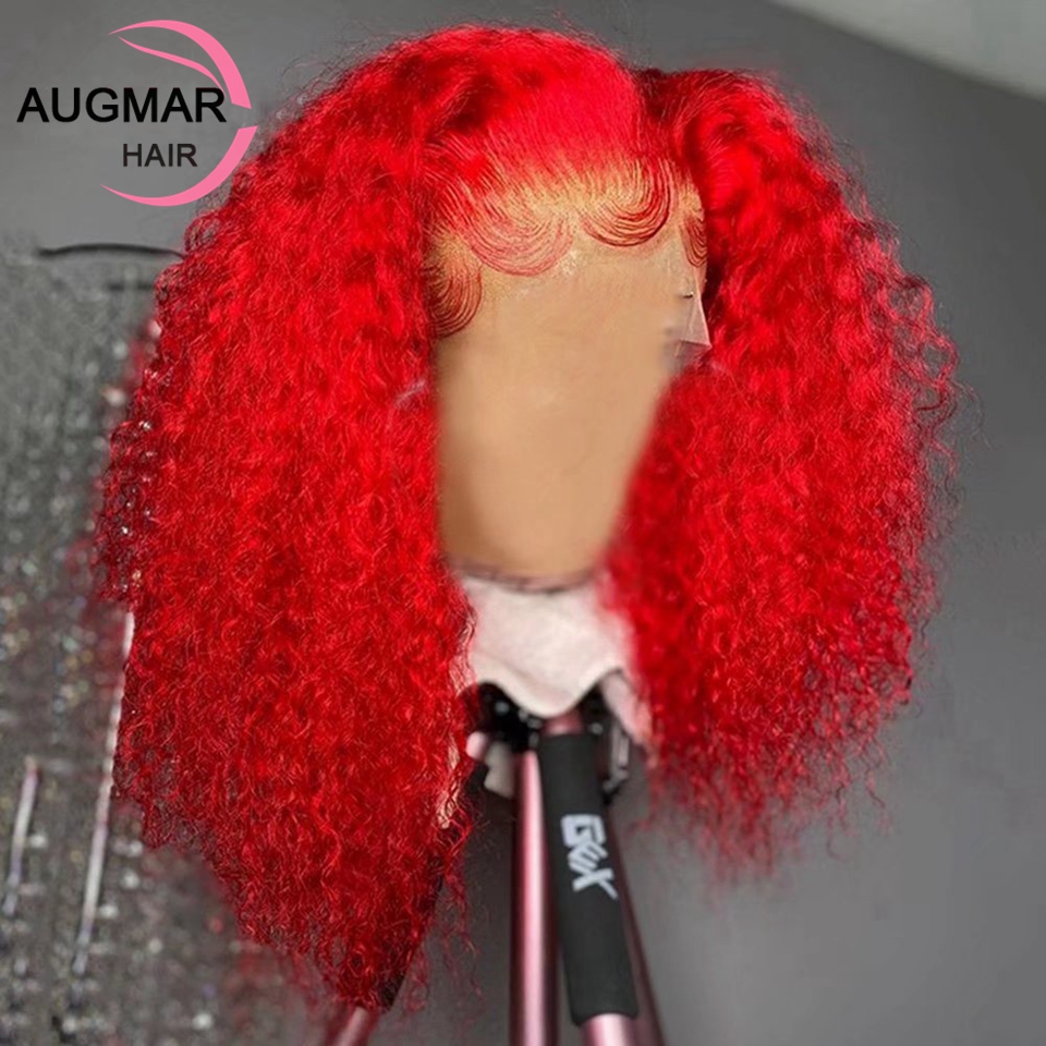 Mogolian Hair Blue Red Kinky Curly Lace Front Peluca 180 Density HD Lace Frontal Peluca de color transparente Naranja / Gris Sintético Lace Front Pelucas prearrancadas