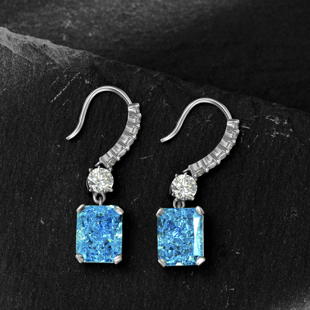 Square Aquamarine Diamond Earrings 100% Real 925 Sterling silver Party Wedding Drop Dangle Earrings for women Engagement Jewelry