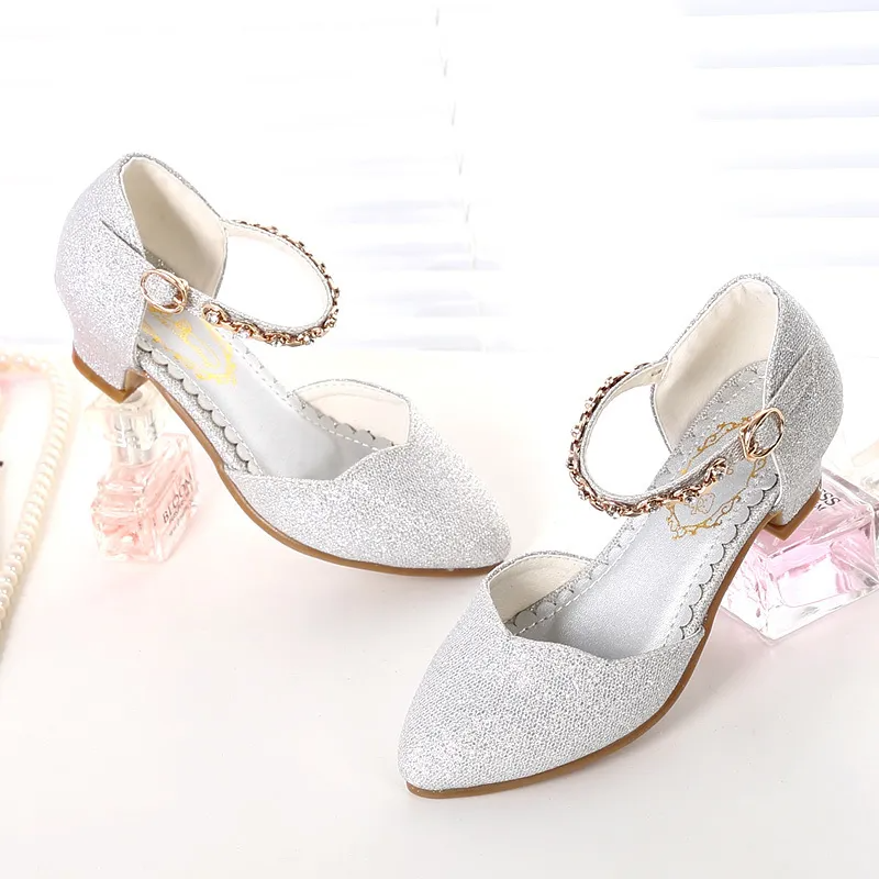 2023 summer Excellent Princess Girls Sandals Kids Shoes for Dress Little High Heel Fashion Glitter Party Blue White Dance Wedding Sandal