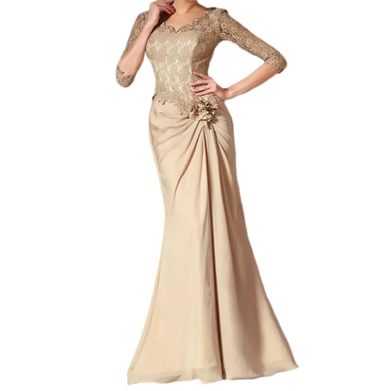 Champagne bescheiden moeder van de bruid jurken lange mermaid stijl kant chiffon v-neck 3/4 lange mouw moeder gelegenheid jurk