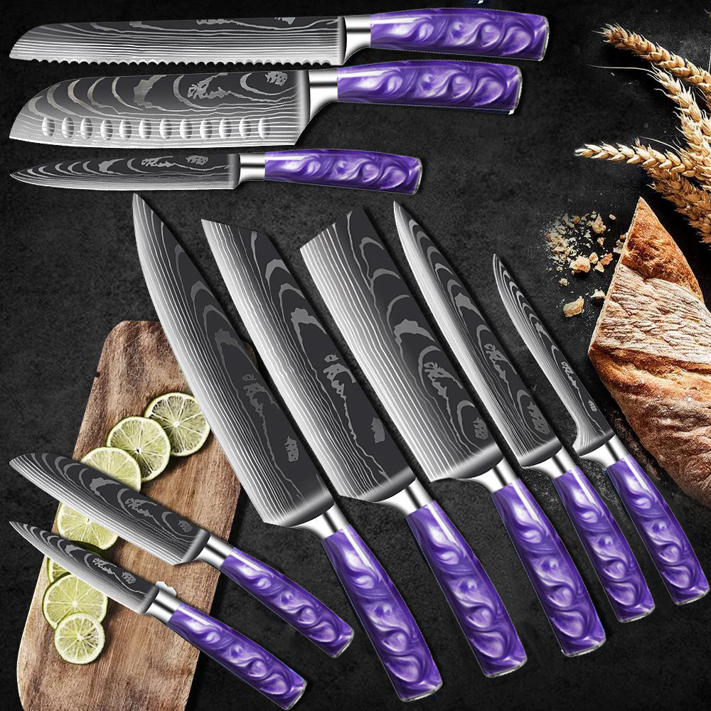 Kock Knife Set 1-New Purple Harts Handle Rostfritt stål Damaskus Mönster Kök Non-stick Santoku Cleaver Boning Knivse