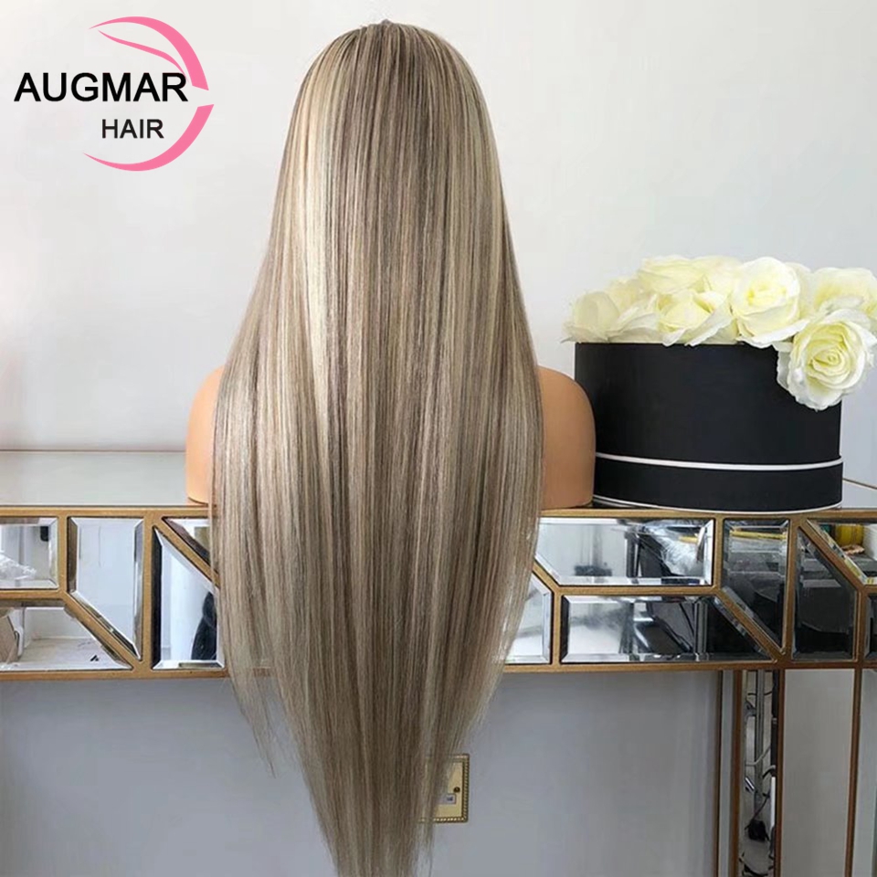 Accessoires de cheveux longs cendres blonds highlight dentelle perruque avant de cheveux humains brun marron mélangé blonde raide hd en dentelle transparente perruque frontale pour femmes résistantes à la chaleur synthétique