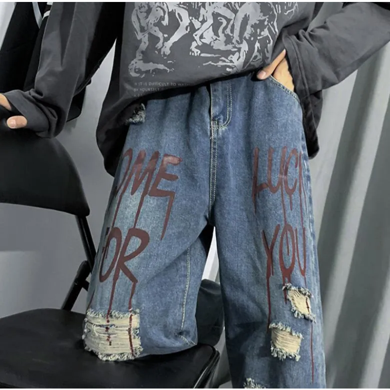 メンズジーンズY2K服ハイストリートヒップホップ洗浄した苦しめられた手紙印刷された男性ファッションストレートレッグワイドレッグルーズカップルパンツ