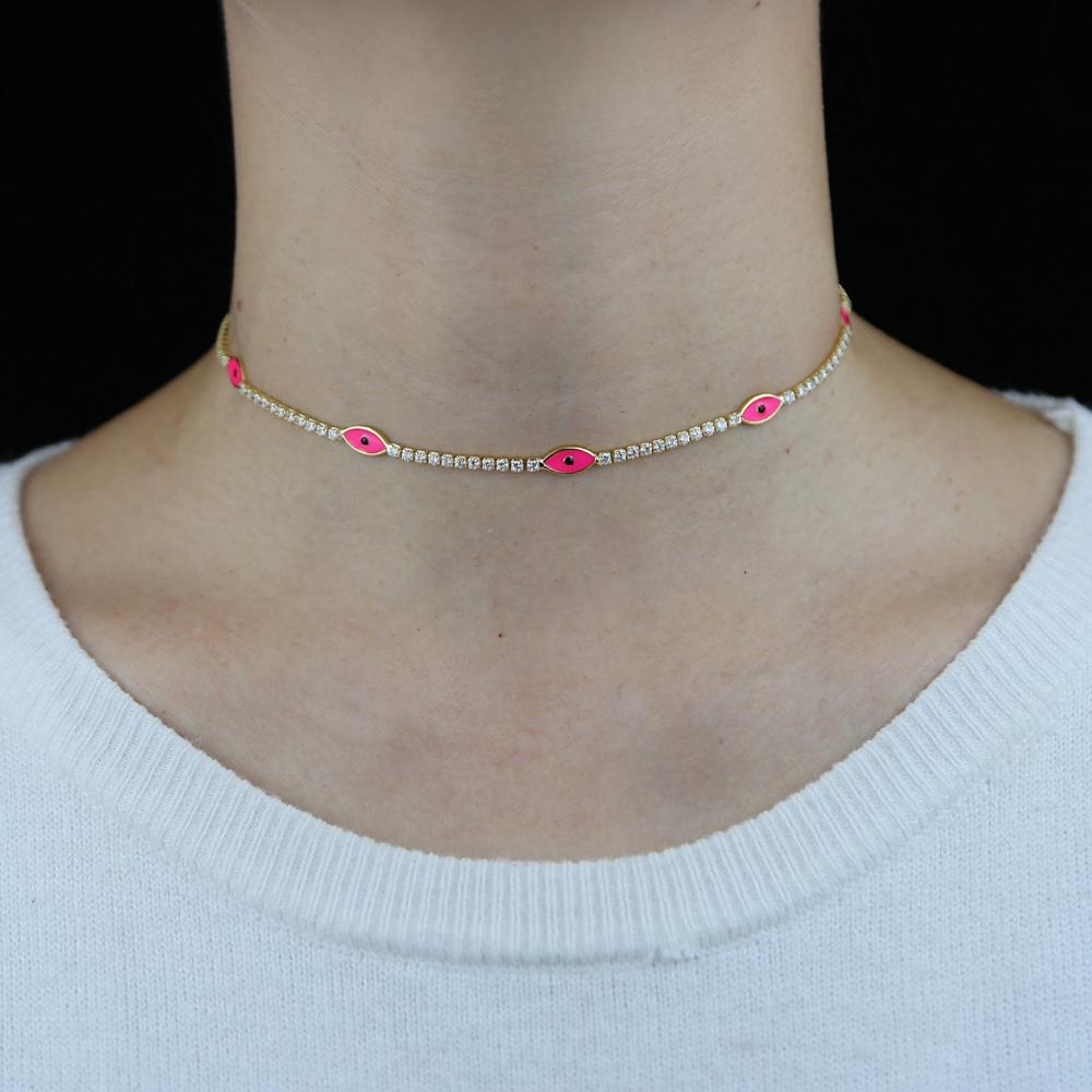 Halsband 2021 Ny guldfärg Färgglada neon emalj Evil Eye Charm Thin CZ Tennis Chain 32+10cm Fashion Women Choker Halsband