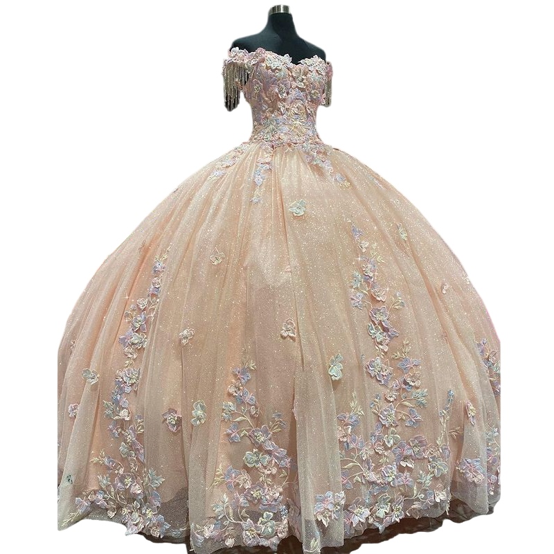 Champagne Glitter Abiti Quinceanera Con 3DFlower Perline Robes De Ball 2023 corsetto stringato Prom vestido de aniversario de 15 anos