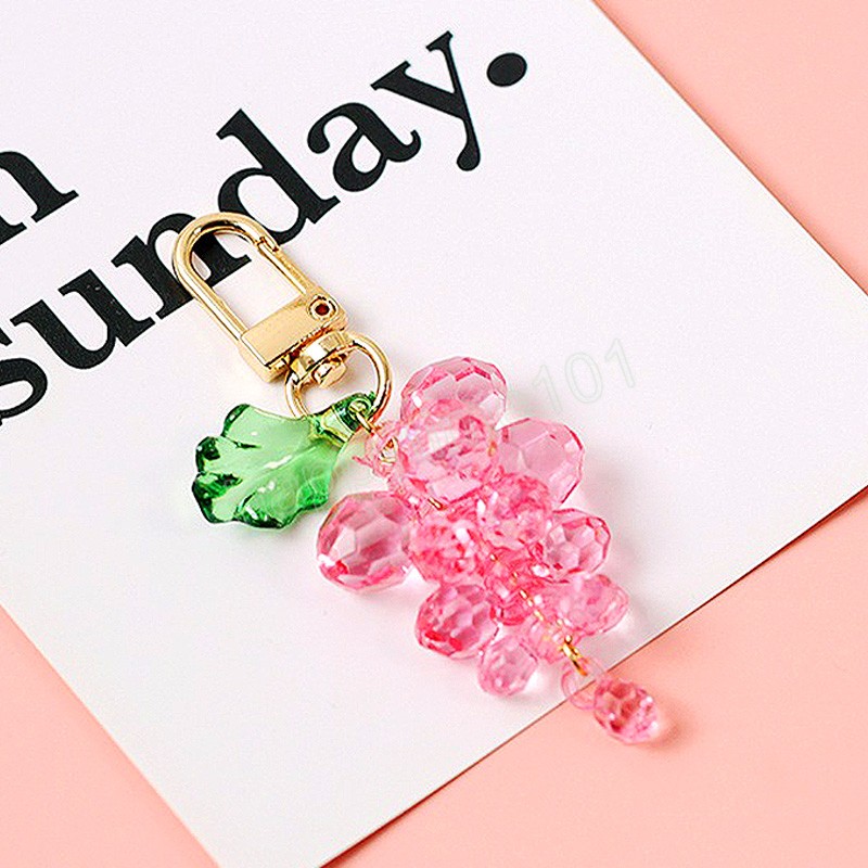 Cute 3D Grapes Keychain Rhinestone Arylic Crystal Pompom Car Keychain Key Chain Charm Pendant Ring Accessories Women Girl