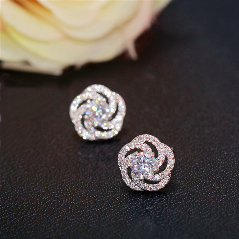 Vecalon Flower Stud earring Pave AAAAA cz Real 925 Sterling silver Charm Party wedding Stud Earrings for women Bridal Jewelry