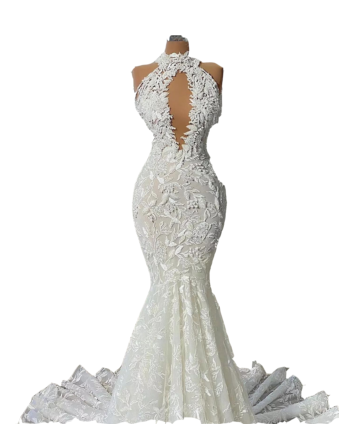 2023 Sexy Mermaid Wedding Dresses Gorgeous African White Full Lace Pearls Beads Halter Keyhole Sleeveless Bridal Gowns Church Bride Wedding Dress