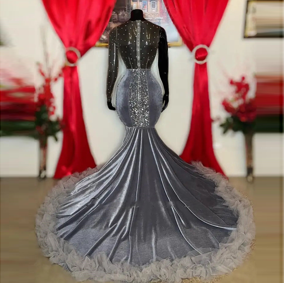 Sparkly Mermaid Prom Dress For Black Girls Sequined Beads Crystal Ruffle Formal Party Sexy Evening Gown Luxury Robe De Bal