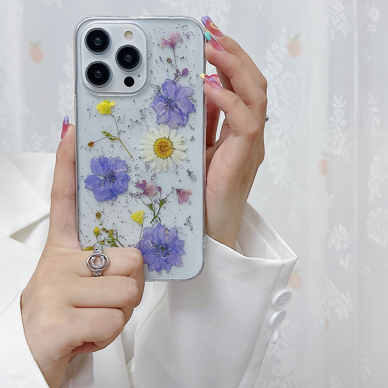 Étuis pressés de fleurs d'été sèches pour iPhone 15 14 Plus 13 Pro MAX 12 11 XR XS X 8 7 Mode séchée véritable feuille florale rose feuille de chrysanthème transparente peau de couverture de téléphone en TPU souple