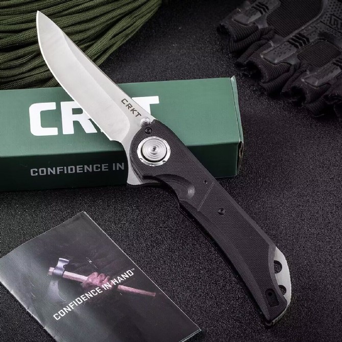 CRKT5401 대형 플리퍼 접이식 나이프 D2 새틴 드롭 포인트 블레이드 G10/스테인레스 스틸 시트 핸들 볼 베어링 소매 상자와 함께 오픈 오픈 EDC 포켓 폴더 나이프