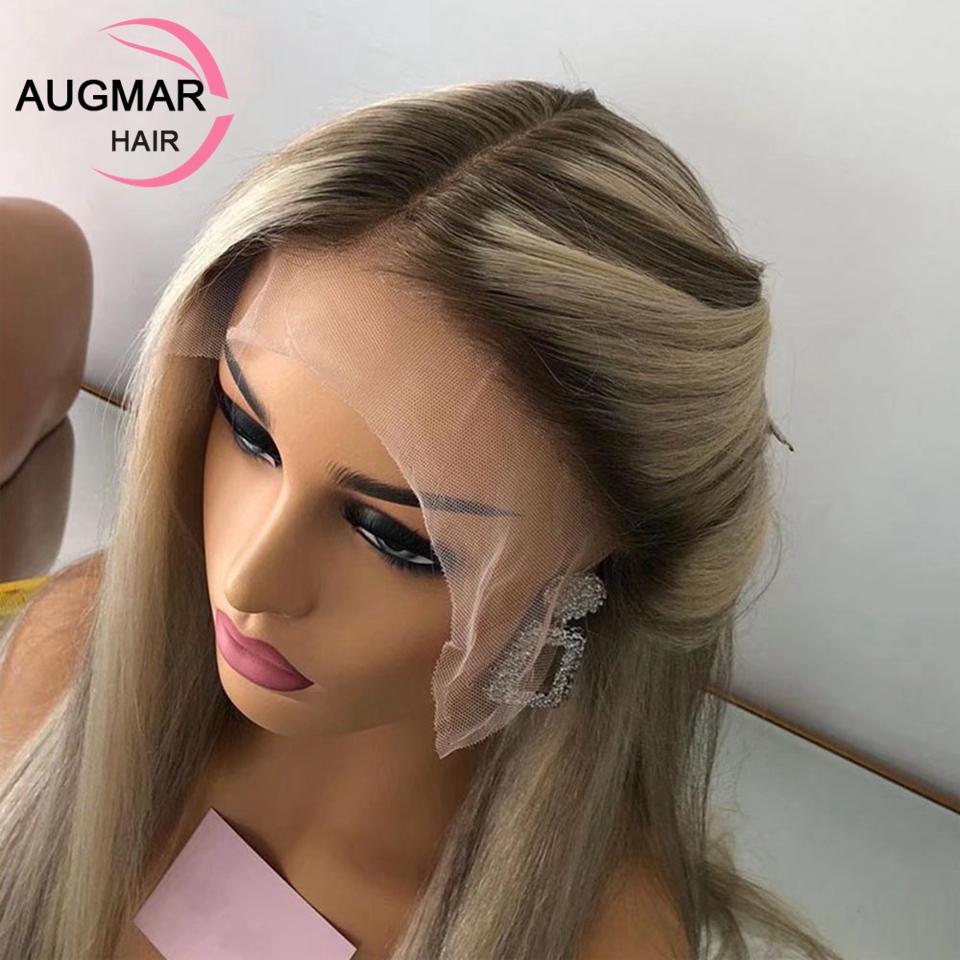 Accessoires de cheveux longs cendres blonds highlight dentelle perruque avant de cheveux humains brun marron mélangé blonde raide hd en dentelle transparente perruque frontale pour femmes résistantes à la chaleur synthétique