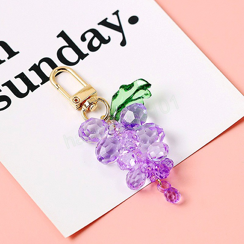 Cute 3D Grapes Keychain Rhinestone Arylic Crystal Pompom Car Keychain Key Chain Charm Pendant Ring Accessories Women Girl