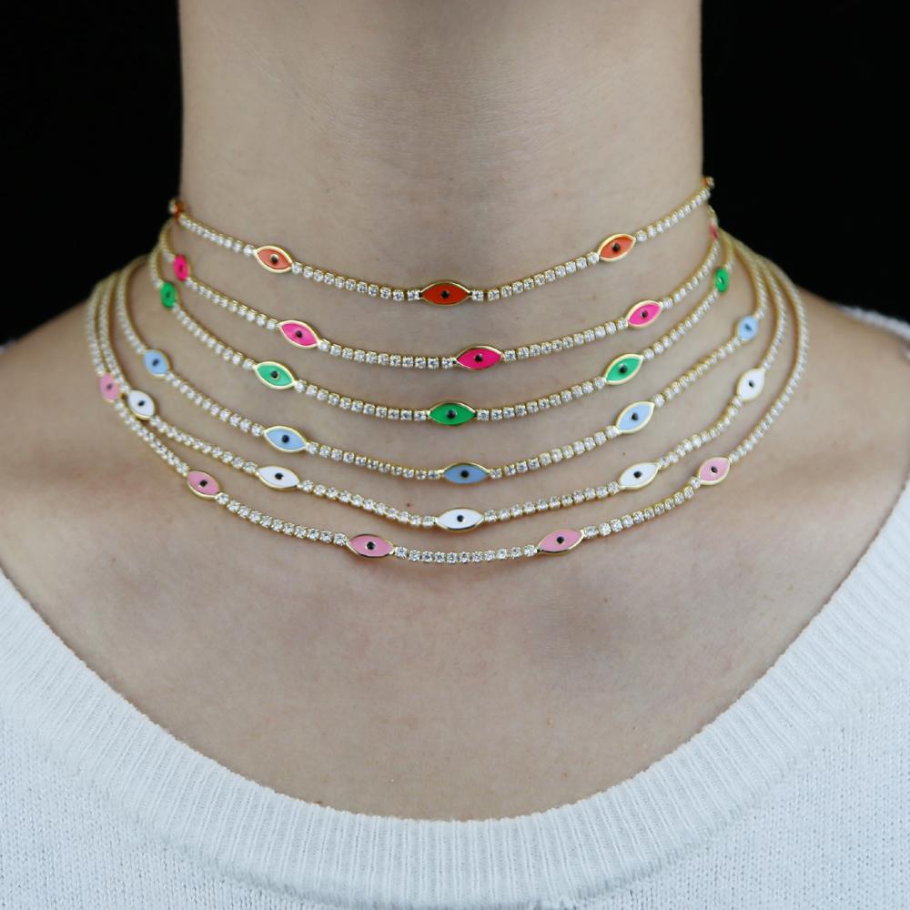 Necklaces 2021 New Gold Color Colorful Neon Enamel Evil Eye Charm Thin CZ Tennis Chain 32+10CM Fashion Women Choker Necklace