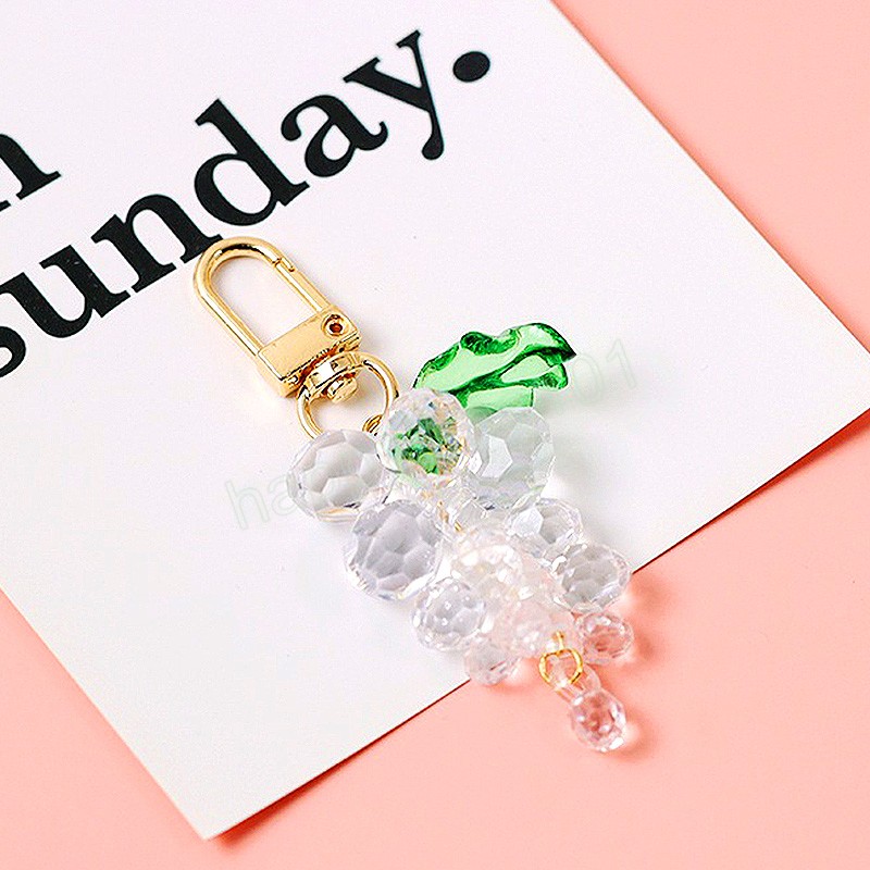 Cute 3D Grapes Keychain Rhinestone Arylic Crystal Pompom Car Keychain Key Chain Charm Pendant Ring Accessories Women Girl