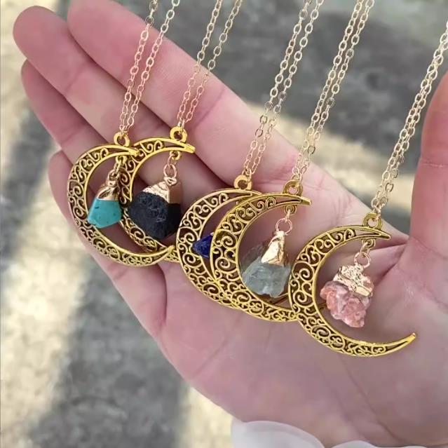 Irregular Ore Raw Stone Gold Crescent Moon Pendant Tiger Eye Stone Agate Healing Crystal Quartz Necklaces Jewelry Making