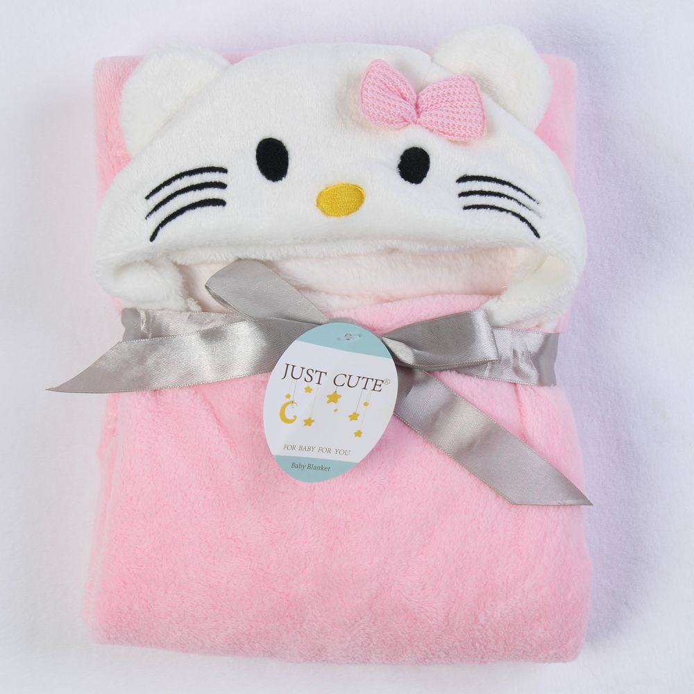 Single-layer Hooded Baby Blanket for Newborn Plain Flannel Cartoon Pink Cat Baby Swaddling Knitted Fleece Fabric Baby Bath Towel for Ware Care