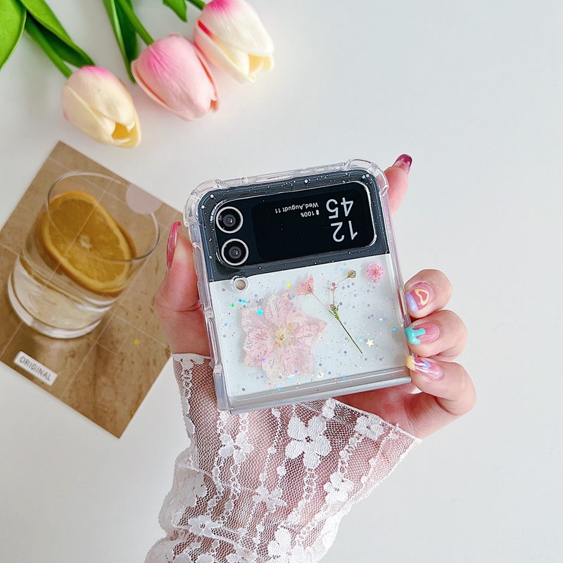 Flip4 Dry Summer Flower Pressed Cases For Samsung Galaxy Z Flip 4 3 Zflip4 Zflip3 Dried Fashion Real Floral Foil Confetti Clear Hard Plastic PC Soft TPU Phone Cover