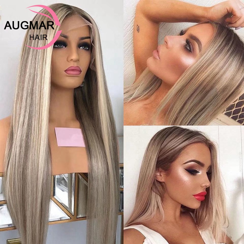 Accessoires de cheveux longs cendres blonds highlight dentelle perruque avant de cheveux humains brun marron mélangé blonde raide hd en dentelle transparente perruque frontale pour femmes résistantes à la chaleur synthétique