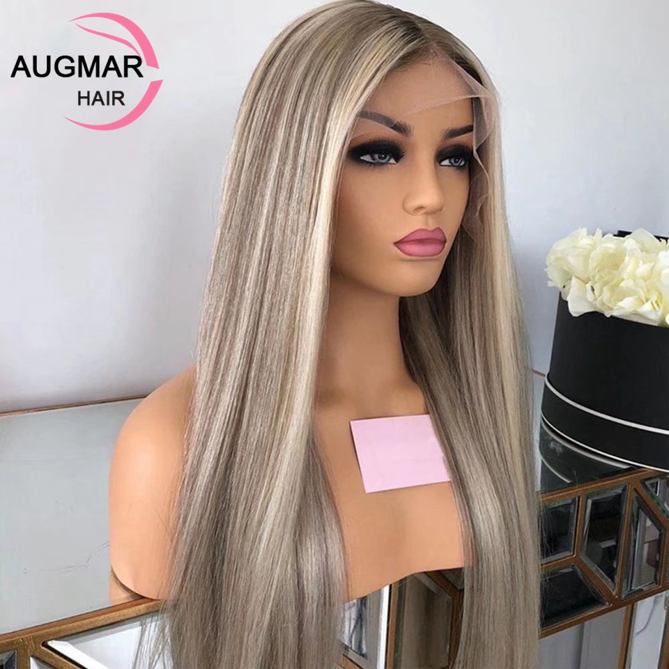 Accessoires de cheveux longs cendres blonds highlight dentelle perruque avant de cheveux humains brun marron mélangé blonde raide hd en dentelle transparente perruque frontale pour femmes résistantes à la chaleur synthétique