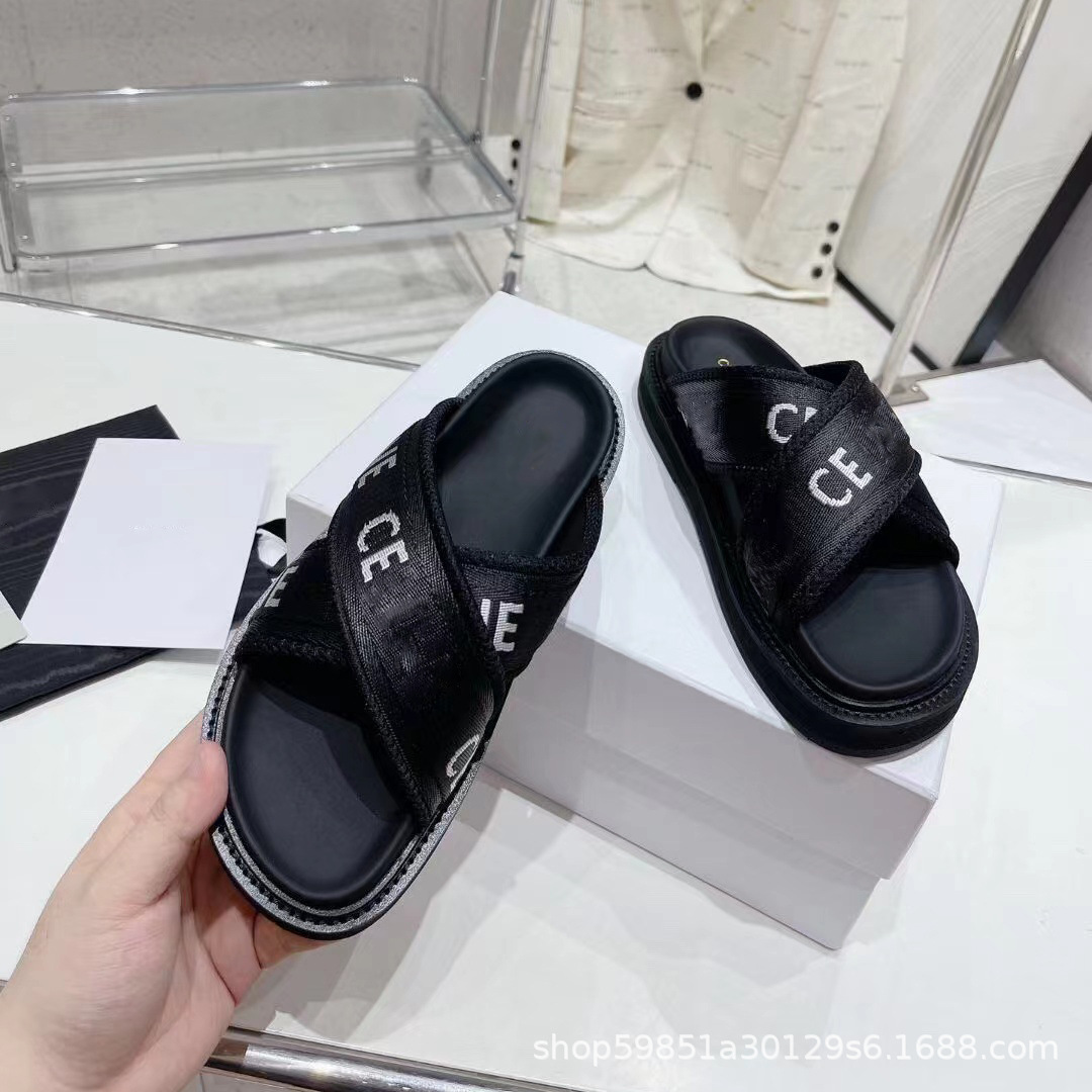 New Vintage Letter Cross Webbing Slippers Open Toe Platform Women's Shoes Cake Flip-flop Lazy Slippers