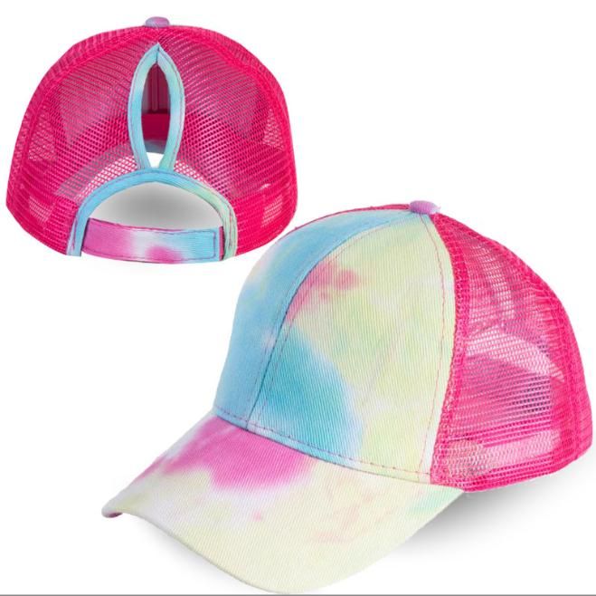 7 farben Tie Dye Candy Farbe pferdeschwanz Baseball Kappe Frauen Messy Bun Baseball Hut Snapback Caps Net Oberfläche Atmungsaktive Casual hüte de322