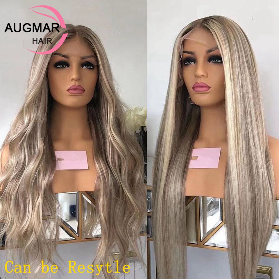 Lange aschblonde Highlight-Lace-Front-Perücke, Echthaar, braun, gemischt, blond, gerade, HD-transparente Lace-Frontal-Perücke für Frauen, synthetisch, hitzebeständig