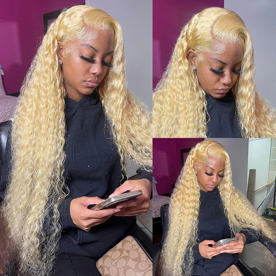 40inches long 613 Lace Frontal Wig Deep Wave 13x4 Blonde Lace Front Wig Human Hair Pre Plucked HD Lace Curly Wig Synthetic